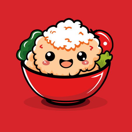 A cartoon drawing of a bowl of food with a smiling face. The bowl is red and filled with rice, broccoli, and carrotsのイラスト素材