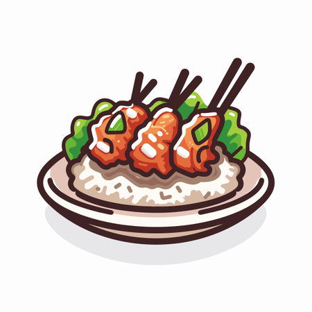 A plate of food with rice and vegetables. The vegetables are cut into small pieces and are placed on top of the riceのイラスト素材