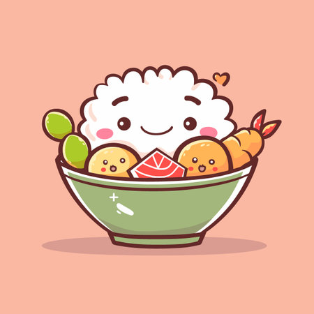 A cartoon drawing of a bowl of food with a smiling face and a heart. The bowl is filled with various food items such as carrots, shrimp, and broccoli. Scene is cheerful and lightheartedのイラスト素材