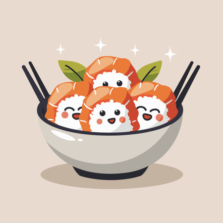 A bowl of sushi with four smiling faces on top of itのイラスト素材