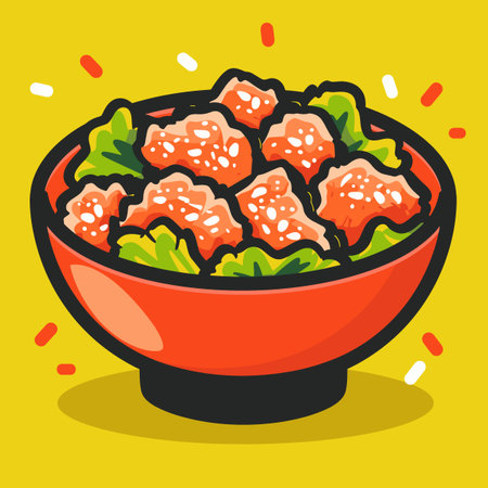 A bowl of food with rice and meat. The bowl is green and blue. The food is colorful and appetizingのイラスト素材