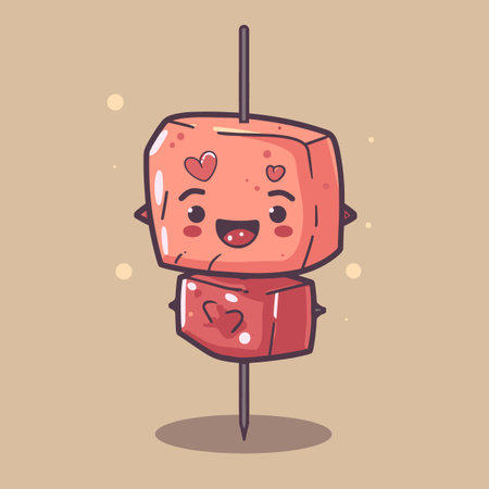 A cartoon BARBECUE character holding a skewer with a smile on its face. The character is holding the skewer in a way that it looks like it is about to be eatenのイラスト素材