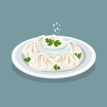A bowl of food with a white bowl and a green herbのイラスト素材