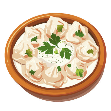 A bowl of food with a white sauce and green herbs. The food is a type of dumplingのイラスト素材