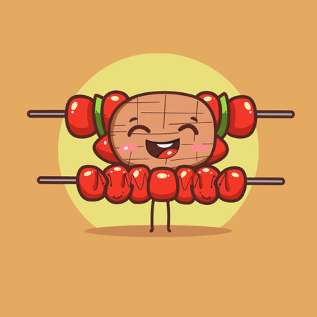A cartoon BARBECUE character holding a skewer with a smile on its face. The character is holding the skewer in a way that it looks like it is about to be eatenのイラスト素材
