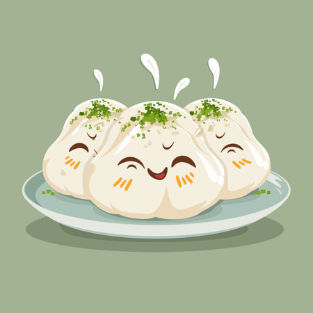 A cartoon of three Manti Turkish dumplings with smiling faces on a plate. Scene is lighthearted and funのイラスト素材
