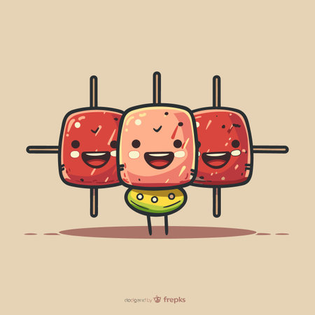 A cartoon BARBECUE character holding a skewer with a smile on its face. The character is holding the skewer in a way that it looks like it is about to be eatenのイラスト素材