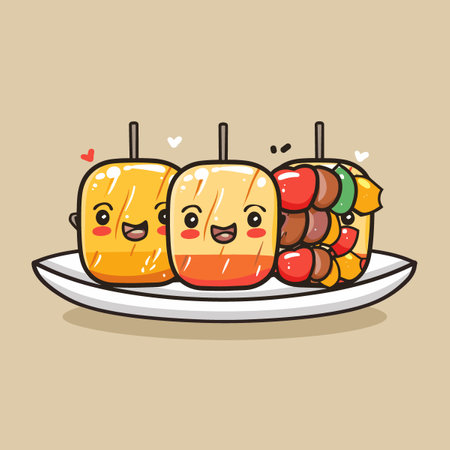 A cartoon image of a skewer of meat with a pineapple and a piece of cheese. The meat is smiling and the pineapple is also smilingのイラスト素材
