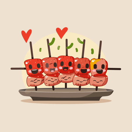 A plate of barbecue food with five pieces of food on skewers, each with a different expression. The plate is on a white backgroundのイラスト素材