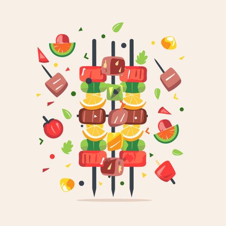 A colorful plate of food with a skewer of meat and vegetables. The vegetables include tomatoes, carrots, and orangesのイラスト素材