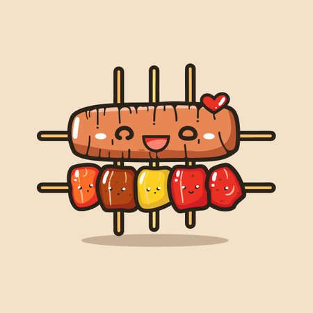 A cartoon drawing of a skewer of food with a heart on it. The food is a mix of different colored meat and vegetables. The drawing is lighthearted and fun, with a happy expression on the food's faceのイラスト素材