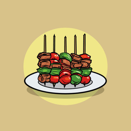 A plate of skewers with meat and vegetables on it. The plate is white and the skewers are made of woodのイラスト素材