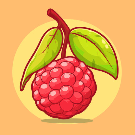 Raspberry vector illustration. Cartoon raspberry with green leaves on orange background.