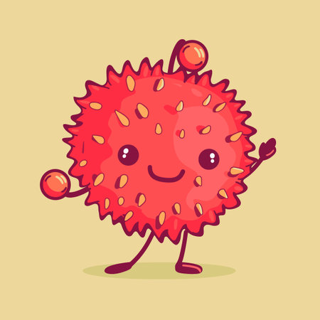 Funny red Rambutan fruit cartoon character. Vector illustration.のイラスト素材