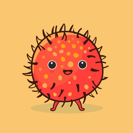 Cute funny cartoon Rambutan character. Vector illustration.のイラスト素材