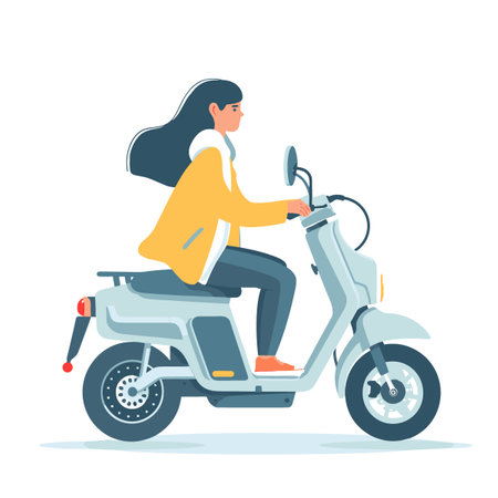Young woman riding a scooter. Vector illustration in flat style.のイラスト素材