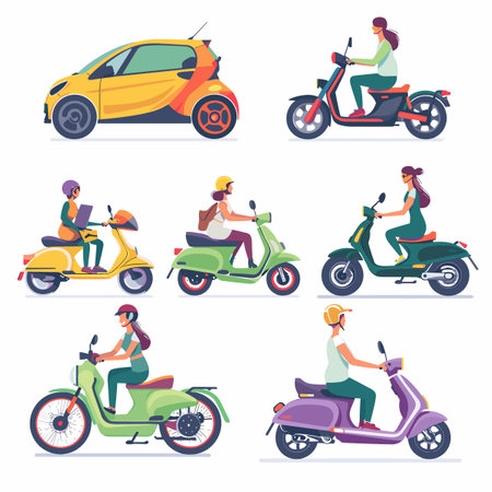 Set of scooters and motorcyclists. Flat style vector illustration.のイラスト素材