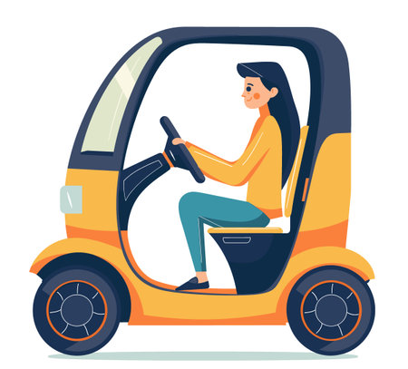A woman is driving a yellow scooter. The scooter is small and has a black and blue color scheme. She is smiling as she drives the scooterのイラスト素材