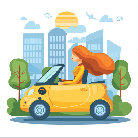 A woman is driving a yellow car in a city. The car is a small electric vehicle. The woman is smiling and she is enjoying her ride. The cityscape in the background is filled with tall buildingsのイラスト素材
