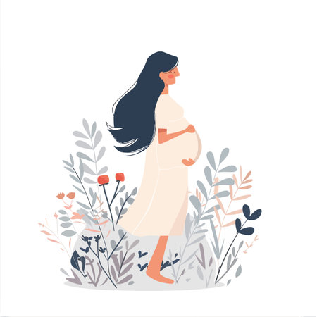 Pregnant woman with long black hair and flowers. Vector illustration.のイラスト素材