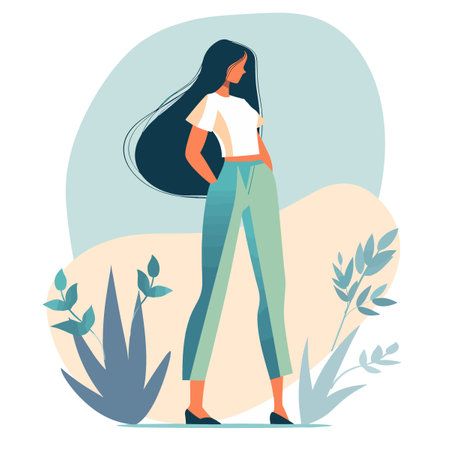 A woman with long hair is standing in front of a plant. She is wearing a white shirt and green pantsのイラスト素材