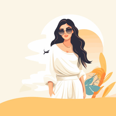 Young woman in white dress and sunglasses on the beach. Vector illustrationのイラスト素材