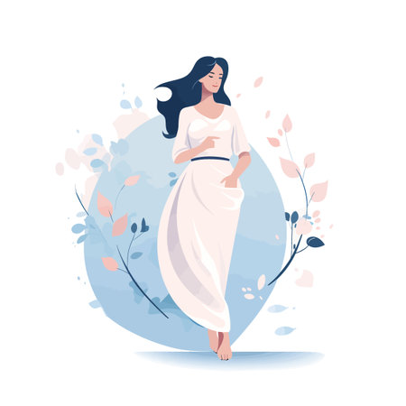 A woman in a white dress is walking in a garden. The dress is long and flowing, and the woman's hair is blowing in the wind. The garden is filled with flowers and leaves, creating a peacefulのイラスト素材