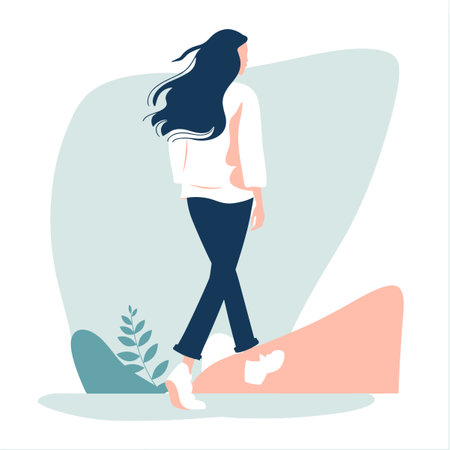 A woman is walking on a path with a leafy plant in her hand. The image has a calm and peaceful mood, with the woman's long hair flowing in the windのイラスト素材