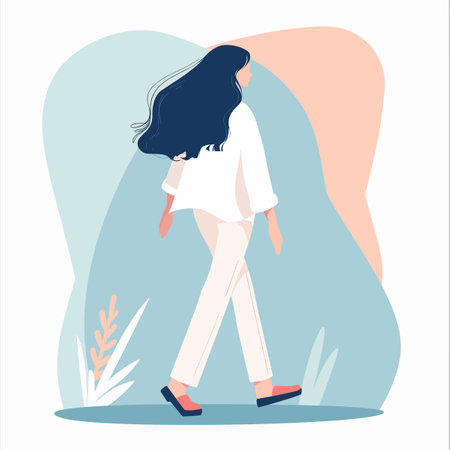 A woman is walking in a park with a blue sky in the background. The woman is wearing a white shirt and white pantsのイラスト素材