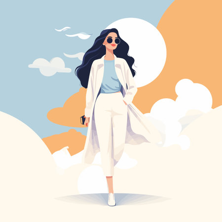 Beautiful young woman walking in the sunny day. Vector illustration.のイラスト素材