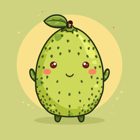 A cartoon soursop with a green stem and a green leaf. The fruit is smiling and has a happy expressionのイラスト素材