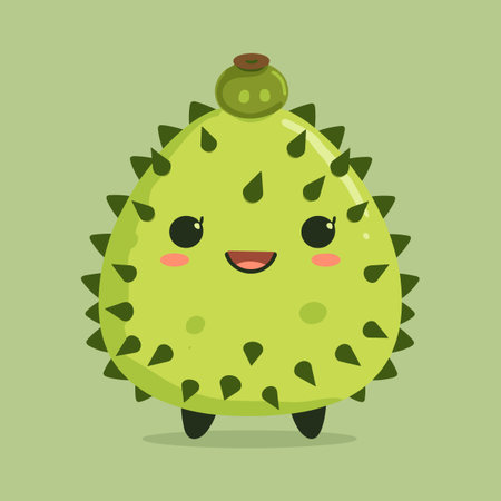 A cartoon soursop with a green stem and a green leaf. The fruit is smiling and has a happy expressionのイラスト素材