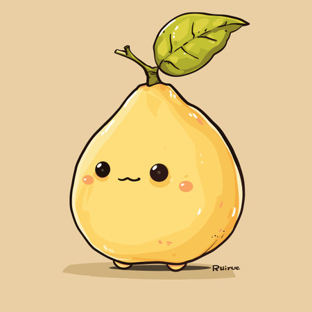 A cartoon Quince with a leaf on top. The orange is smiling and he is happy. The leaf on top of the Quince is green and adds a touch of nature to the drawingのイラスト素材