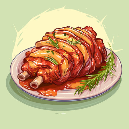 A drawing of a rack of ribs with a pink background. The ribs are shown in various stages of cooking, from raw to well done. The drawing conveys a sense of warmth and comfort. Hornado Roast Porkのイラスト素材