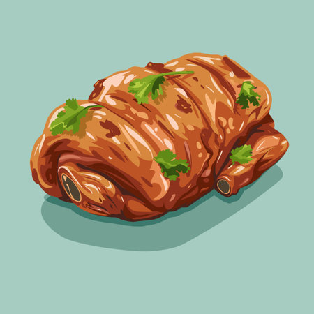 A drawing of a piece of meat with a lot of seasoning on it. The meat is cut into thin strips and is surrounded by herbs. Hornado Roast Porkのイラスト素材