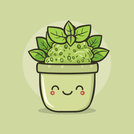 A cartoon plant in a green pot with Pesto a smiling face. The plant is happy and content. The pot is small and cuteのイラスト素材