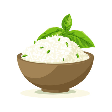 A bowl of rice with a green leaf on topのイラスト素材