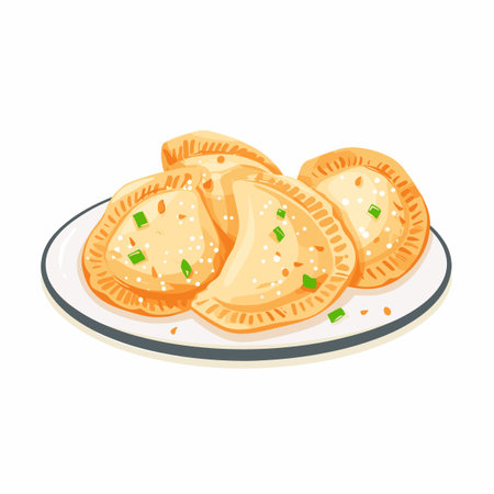 A plate of dumplings with green onions and parsleyのイラスト素材