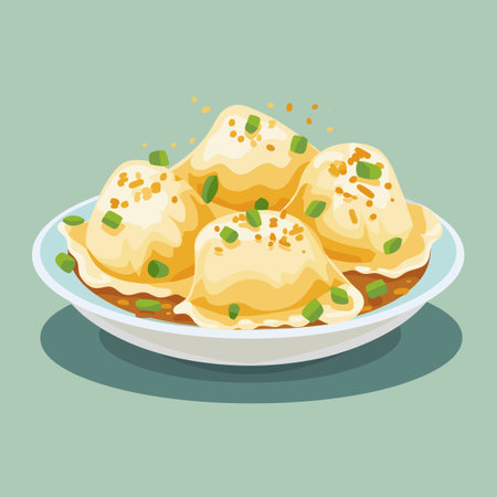 A plate of food Pierogi with a white plate. The food is a type of dumpling with a green garnishのイラスト素材