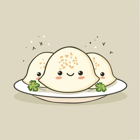 A cartoon drawing of a bowl of food Pierogi with a smiling face. The bowl is filled with various types of food Pierogiのイラスト素材