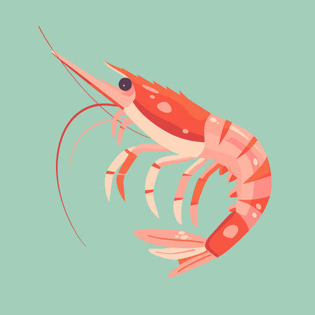 A cartoon shrimp is shown with its claws extended and its head raised. The shrimp is pink and he is in a playful moodのイラスト素材