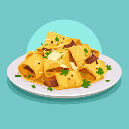 A plate of pasta with cheese and parsley on top. The parsley is scattered around the plate, adding a pop of color and freshness to the dishのイラスト素材
