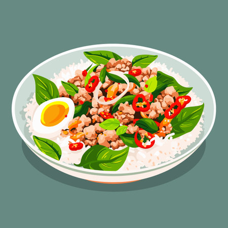 A plate of food with rice, meat, and vegetables. The plate is set on a white backgroundのイラスト素材
