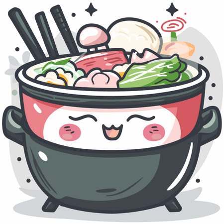 A cartoonish Hot pot of food with a smiling face on it. The pot is filled with various ingredients, including vegetables and meat, and is topped with chopsticks. Scene is cheerful and invitingのイラスト素材