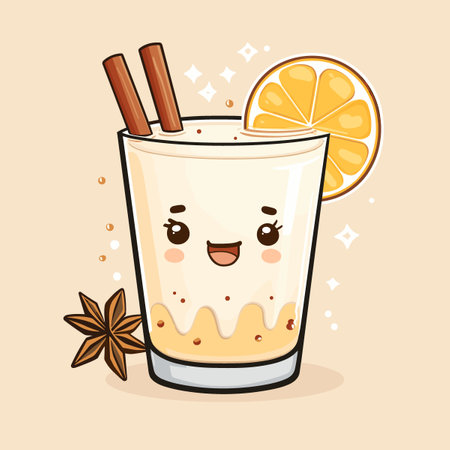 A cartoon drawing of a glass of milk with a cinnamon stick in it. The glass is smiling and the cinnamon stick is smiling as well. There is also a slice of orange on the side of the glassのイラスト素材