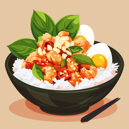 A bowl of food with rice, meat, and vegetablesのイラスト素材