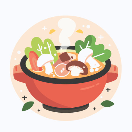 A black Hot pot with a variety of vegetables and meat inside. The pot is on a blue backgroundのイラスト素材
