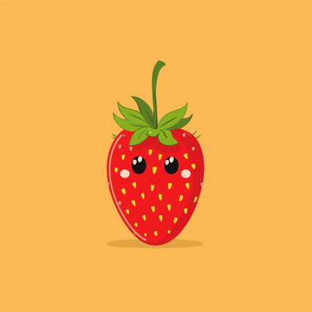 A cartoon strawberry with a smiling face on a yellow background. The strawberry is cute and friendly, and the yellow background adds a warm and inviting atmosphere to the imageのイラスト素材