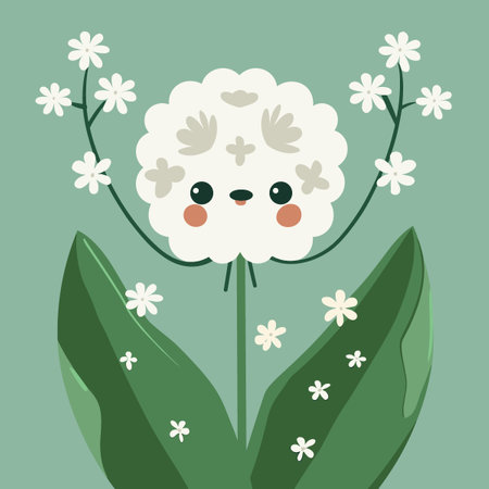 A cartoon Wild garlic with a big smile on its face. The flower is surrounded by many white flowersのイラスト素材