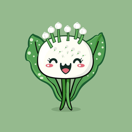 A cartoonish vegetable Wild garlic with a green leaf on its head and a smile. The vegetable is happy and he is enjoying itselfのイラスト素材